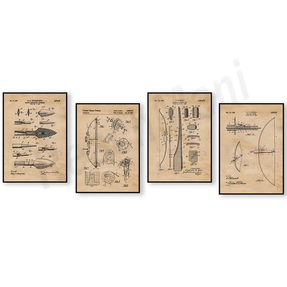 Outdoor Hunting Paintings - 빈티지 활 화살 특허 인쇄, 활